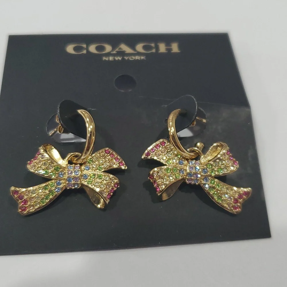 Coach multicolored pave crystals studded bow pendant necklace new‎